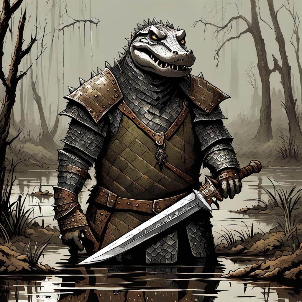 High Gothic Alligator Warrior in Dark Fantasy Swamp