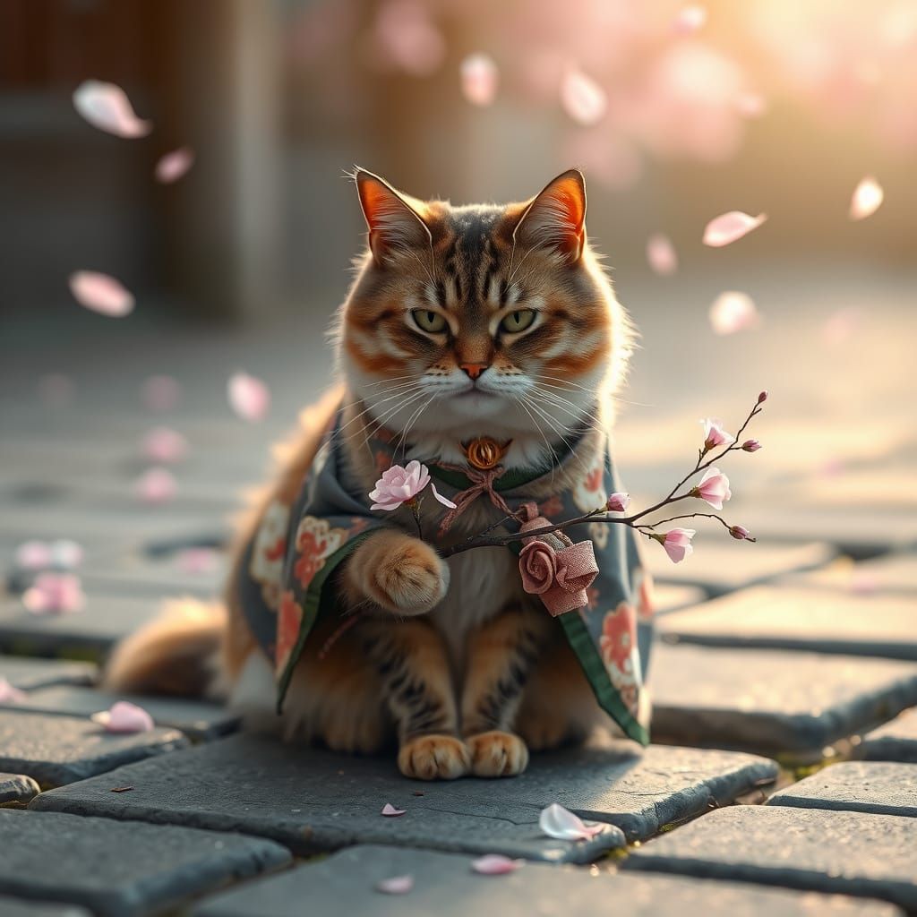 Majestic Cat in Traditional Japanese Attire Amidst Sakura Bl...