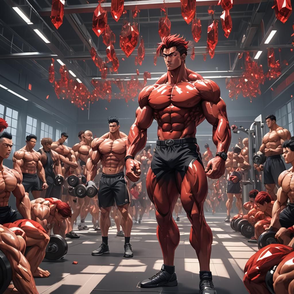Anime Bodybuilders Awe at Red Crystal Weight
