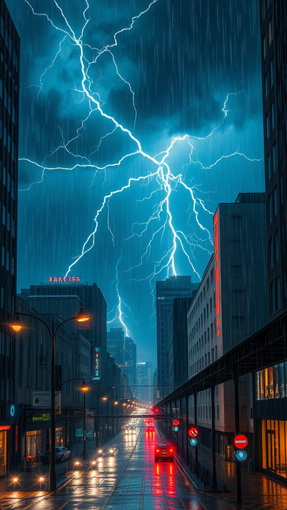Dramatic Electrical Storm Over Futuristic Cityscape