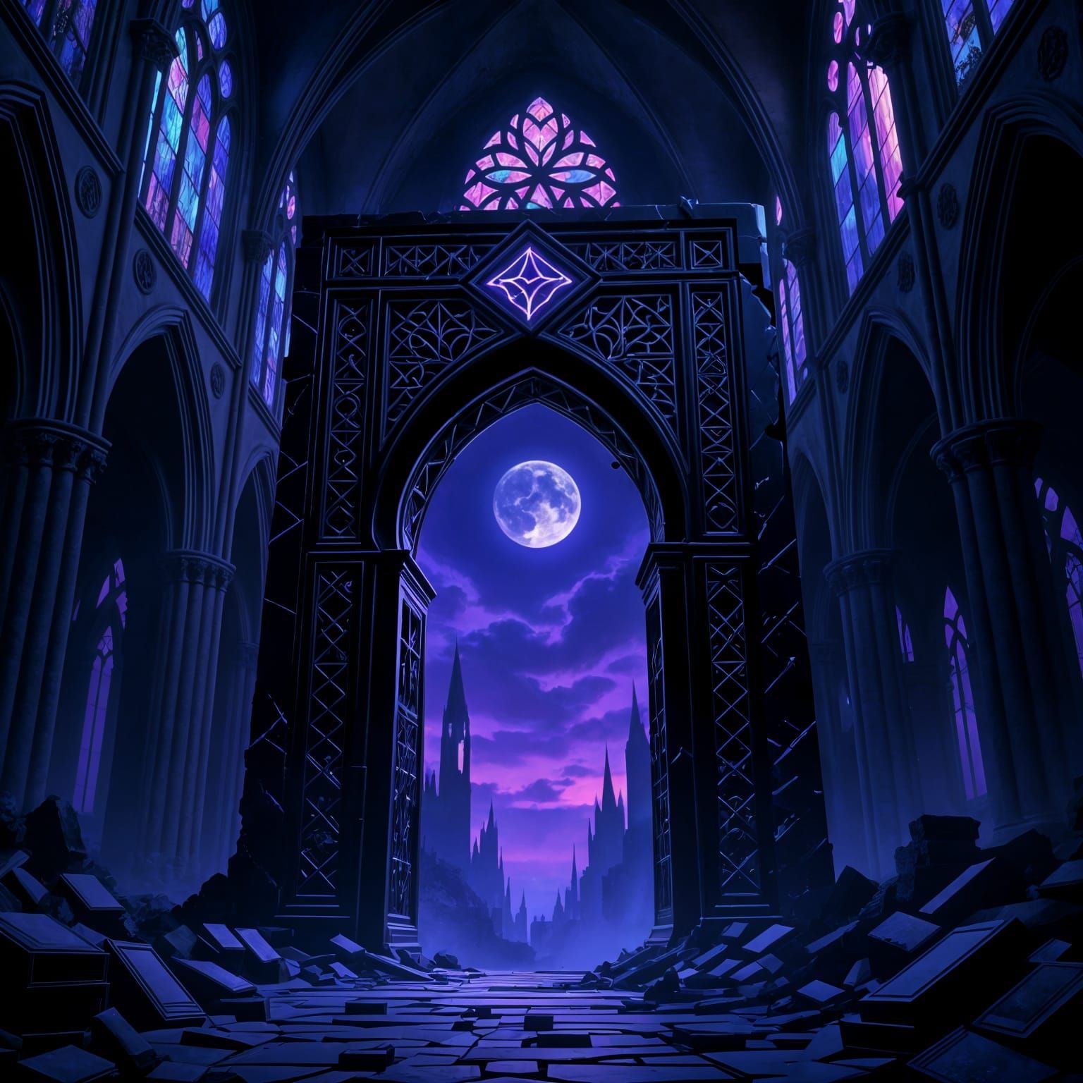 Dark Fantasy Obsidian Portal in Ruined Cathedral