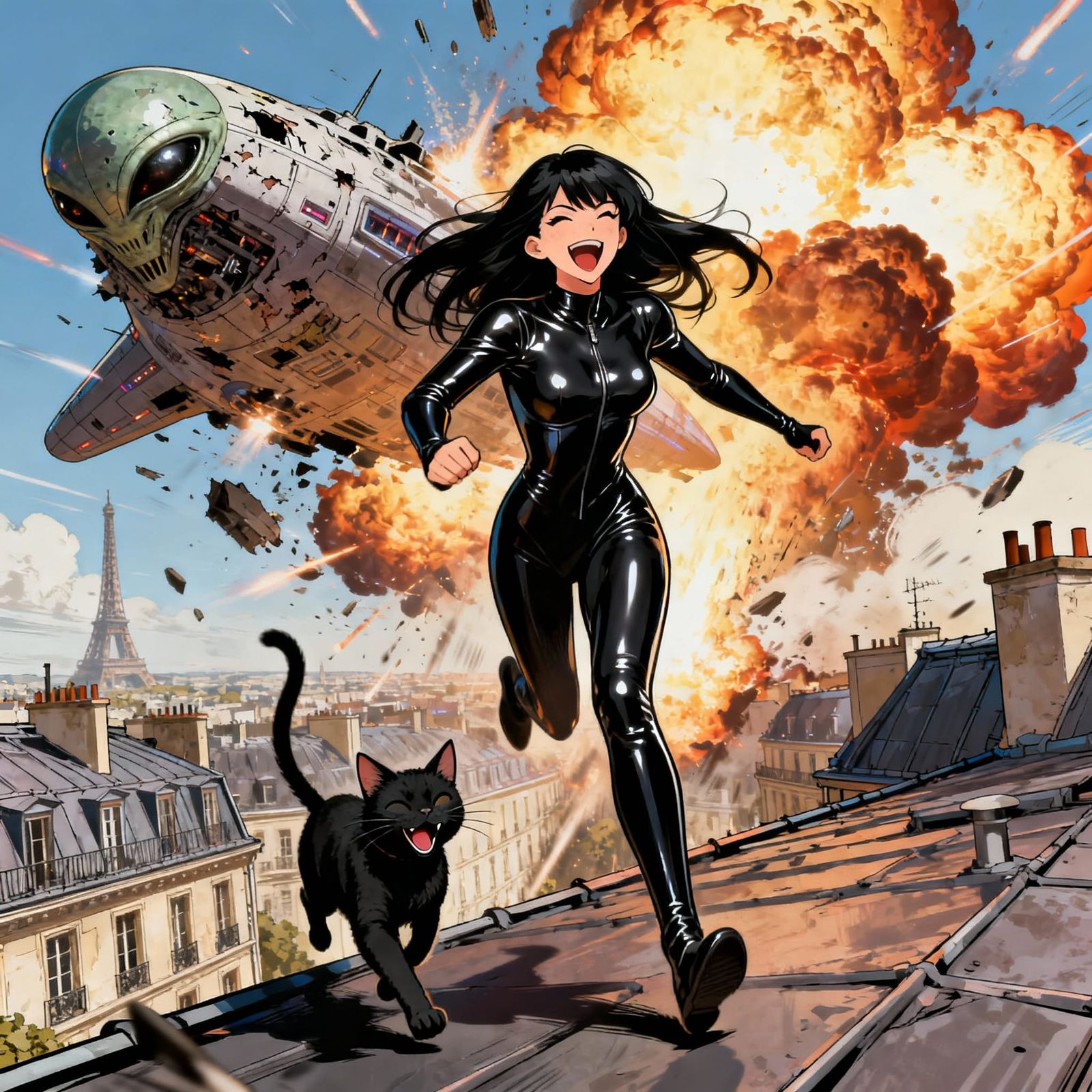 Woman and Cat Escape Rooftops of Paris from Alien Ship