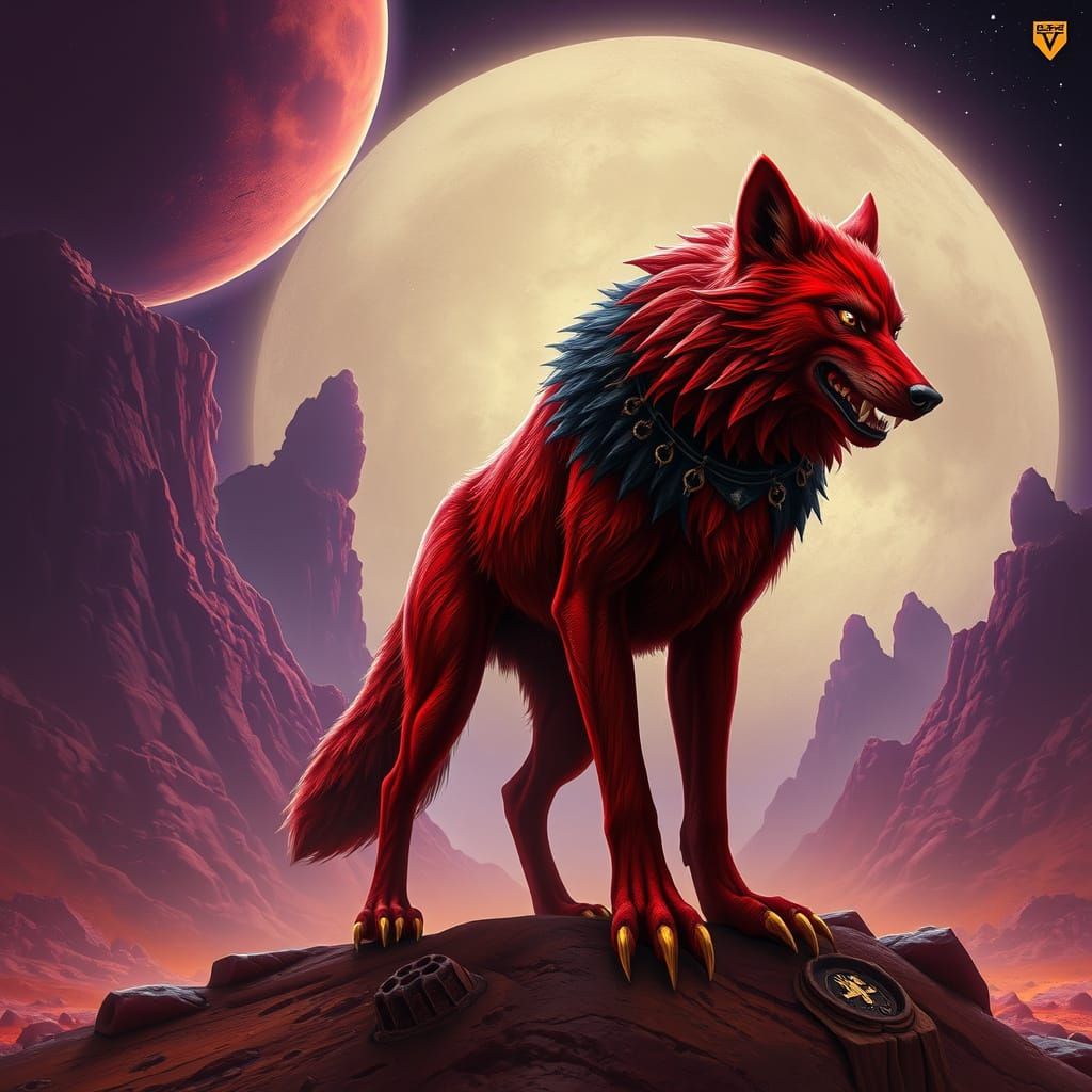 Red Werewolf Dominates Alien Landscape with Golden Claws