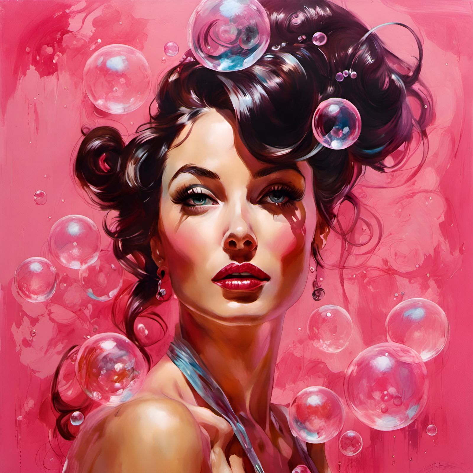 Glamorous Woman Posing with Bubbles in Pin-Up Style