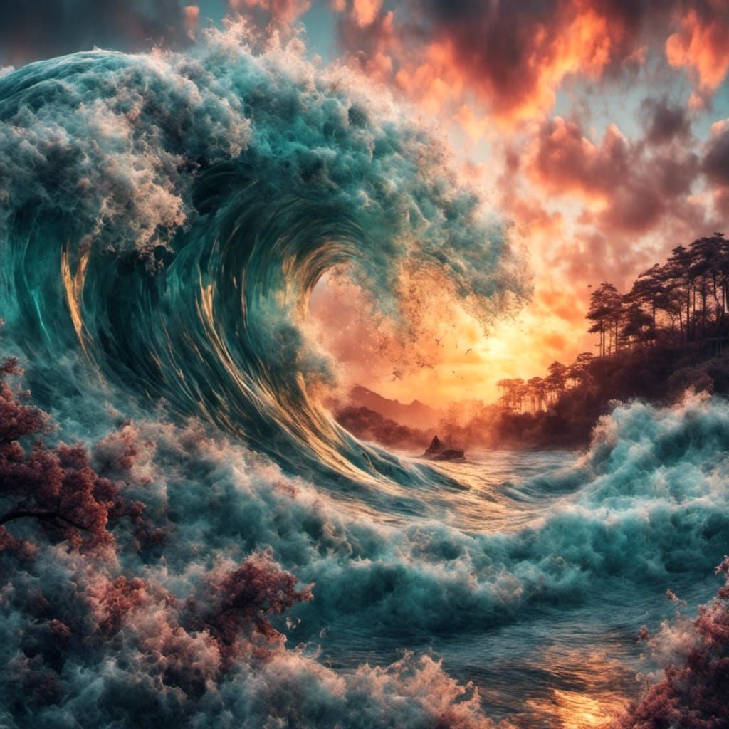Giant Waves Crashing at Sunset with Abstract Fractals