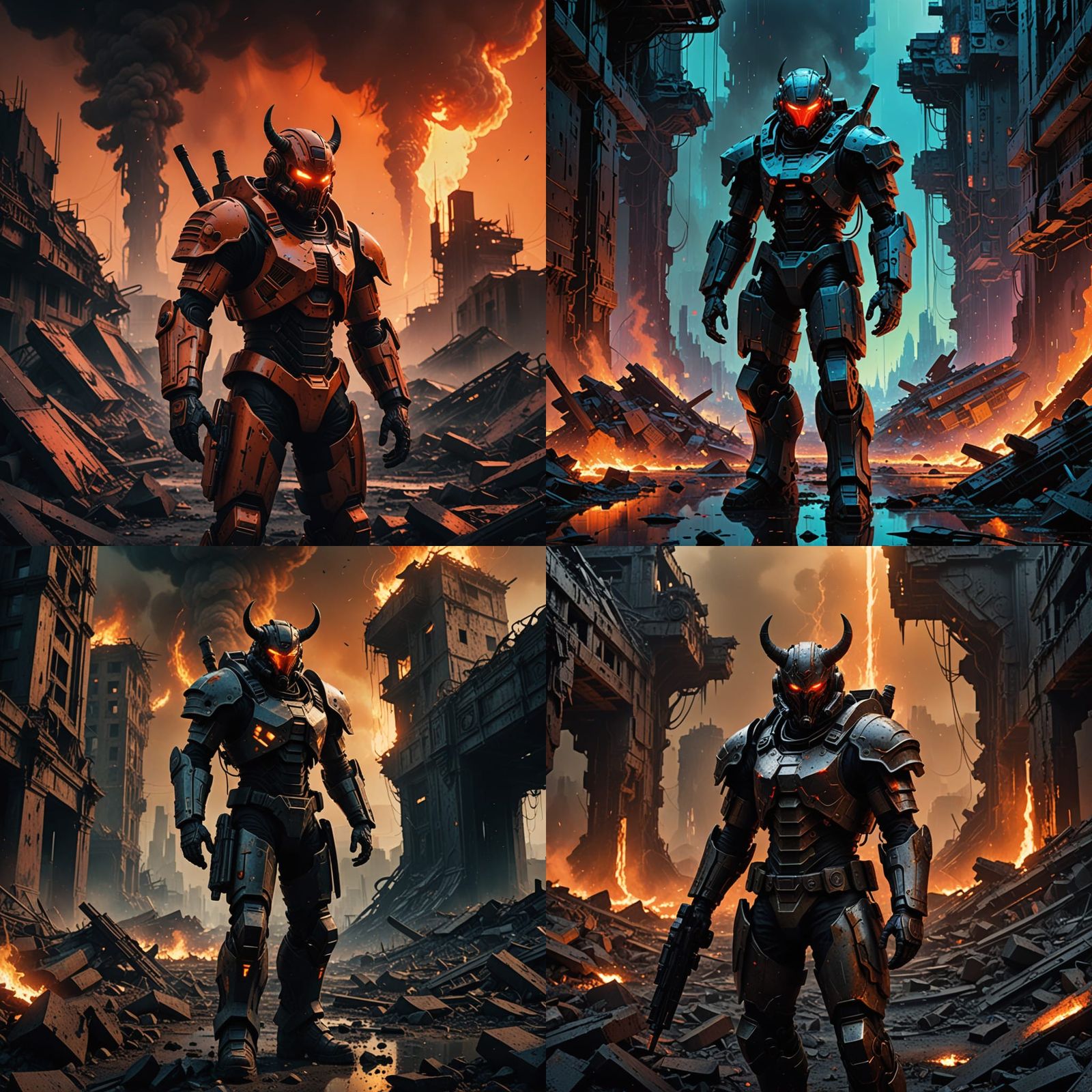 Fallen Demon in Cyberpunk Armor and Guns Amid Smoldering Rui...
