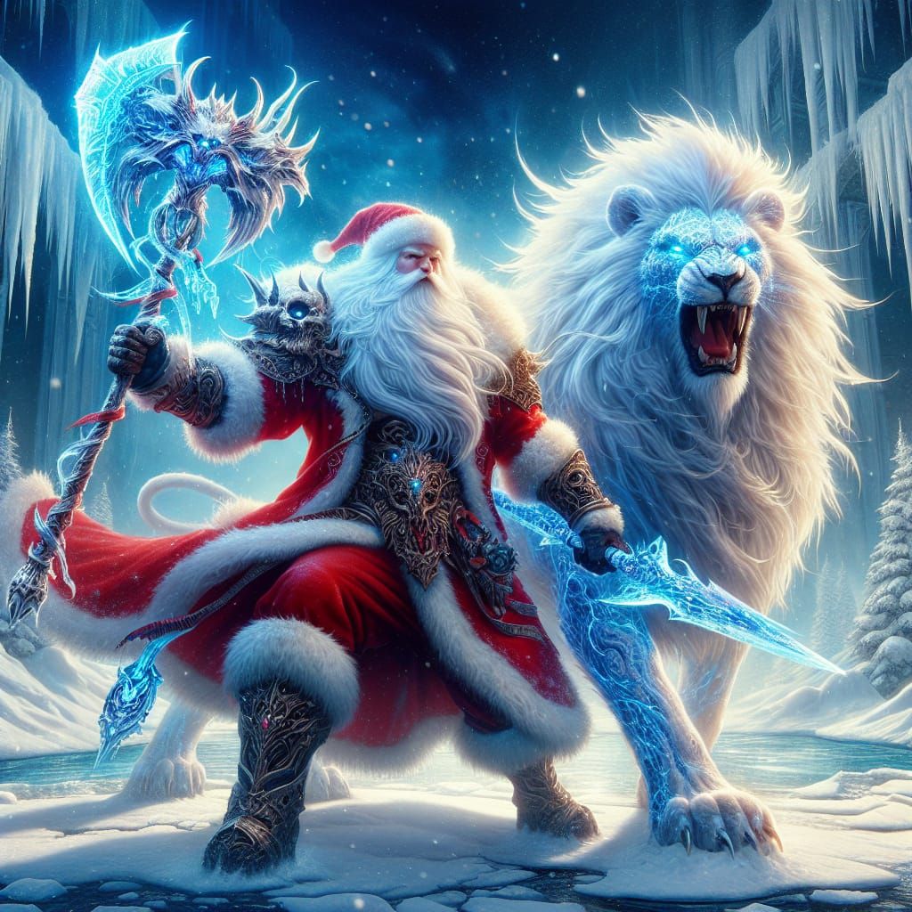 Warrior Santa in Winter Arena: Majestic Lion by His Side