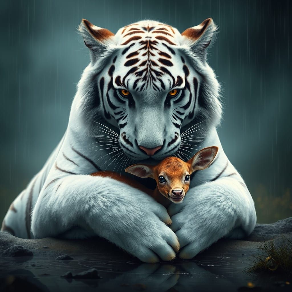 Dreamlike Tiger Tenderly Cares for Baby Deer