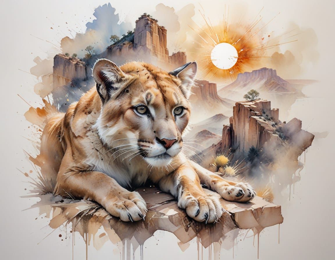 Relaxed Cougar on Rock Overlooking Canyon, Watercolor Splash...