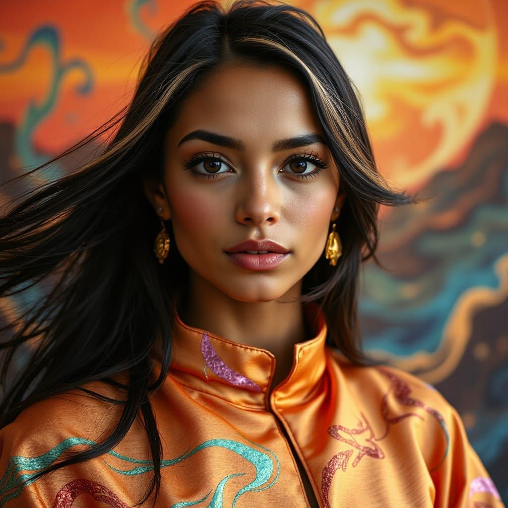 Dominican Latina Woman with Windswept Hair in Psychedelic Ga...