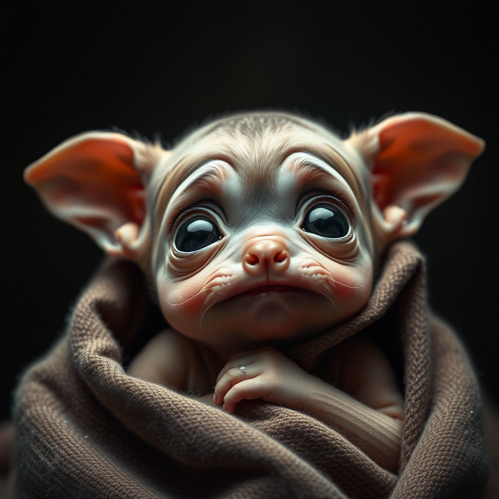 Hyperrealistic Baby Elf Portrait in Rembrandt Lighting