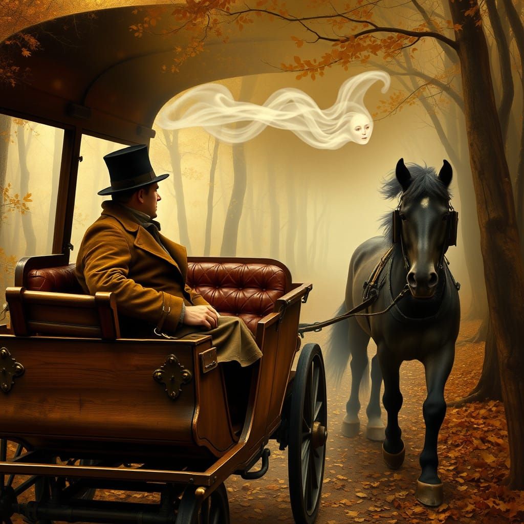 Ghostly Apparition Rides Above a Worn Carriage Through Autum...