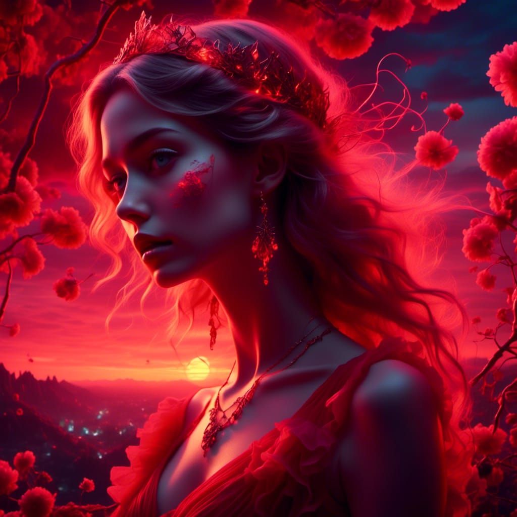 Lady in Red Dress Admiring Ethereal Sunset