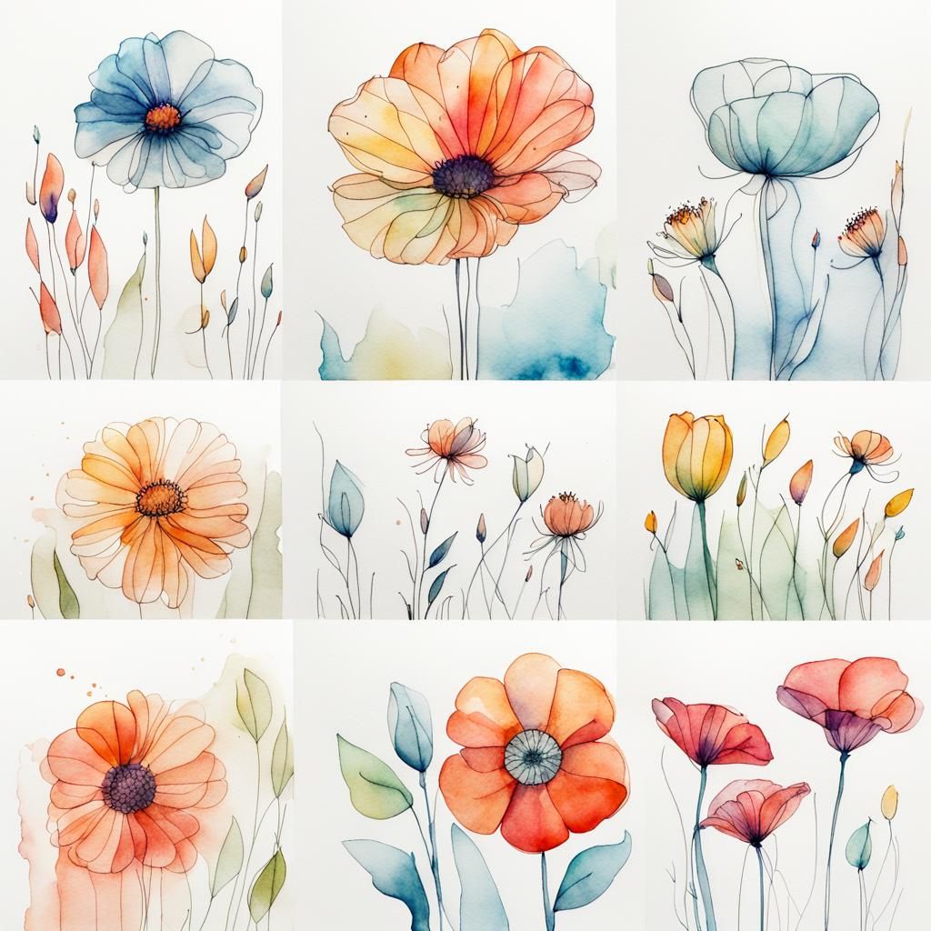 Quirky Watercolor Flower Line Art