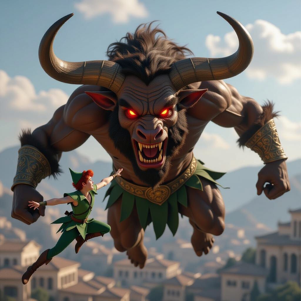 Peter Pan's Epic Battle with Giant Minotaur in Cinematic Sty...