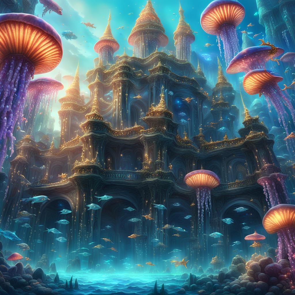 Underwater Palace with Merfolk in Digital Painting Style