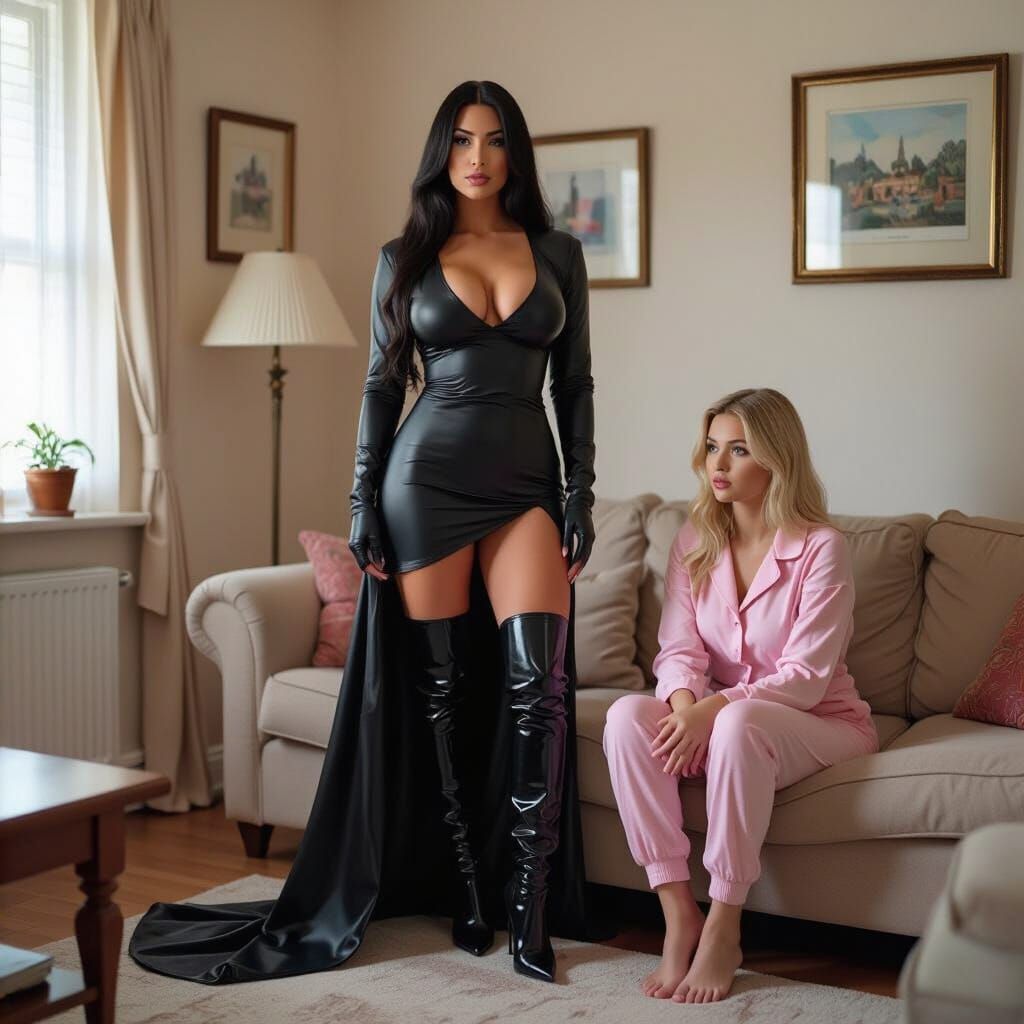 Towering Goddess in Black Leather Dominates Apartment Scene