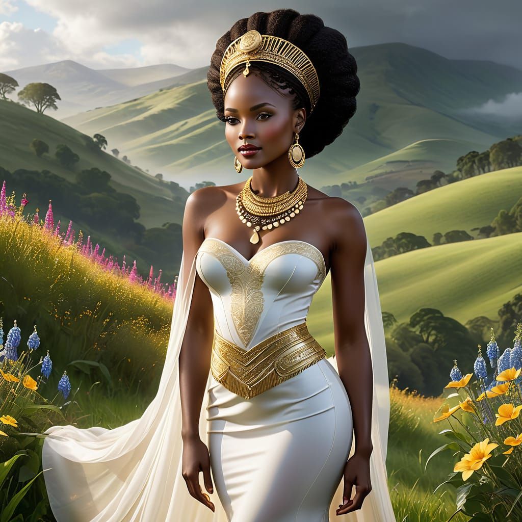 African Princess in Traditional Attire with Lush Greenery