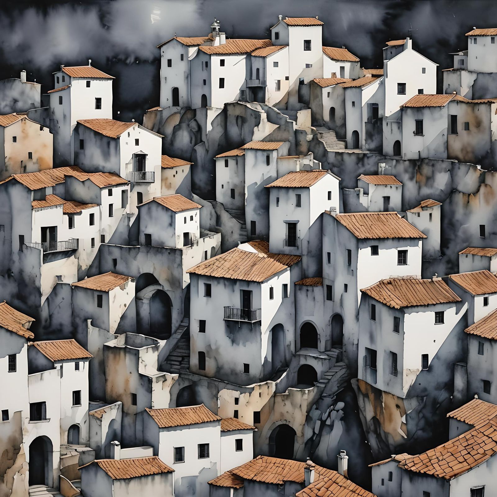 Monochrome Watercolor of Ancient Spanish Village