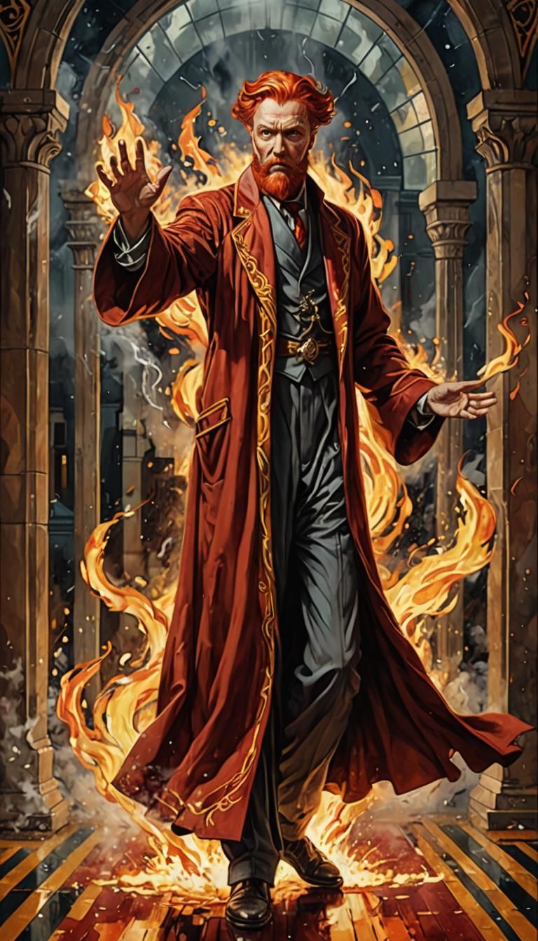 Magician with Flames in Art Deco Style