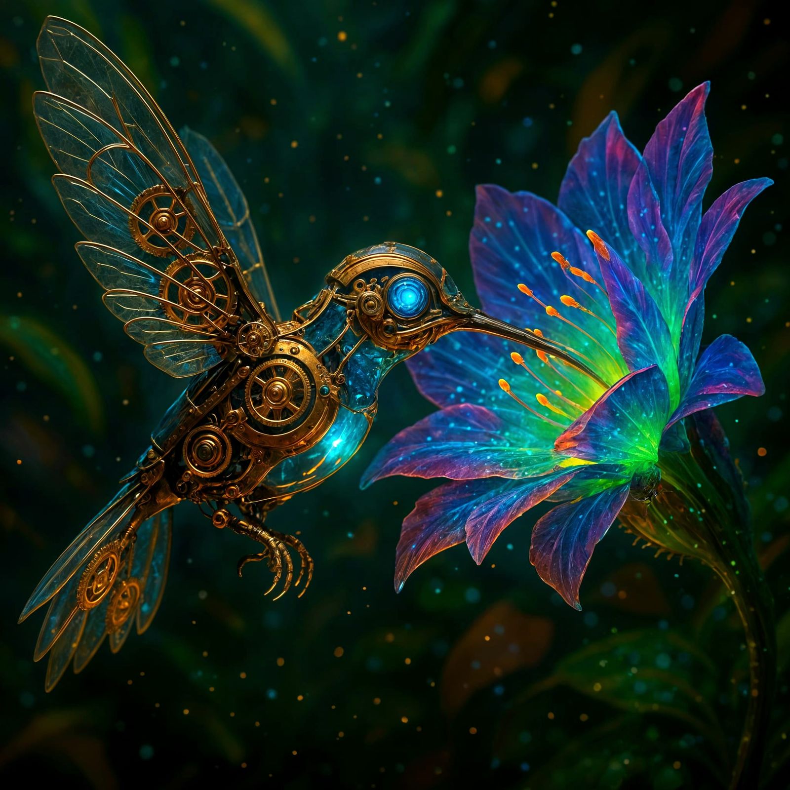 Bioluminescent Steampunk Hummingbird Digital Art