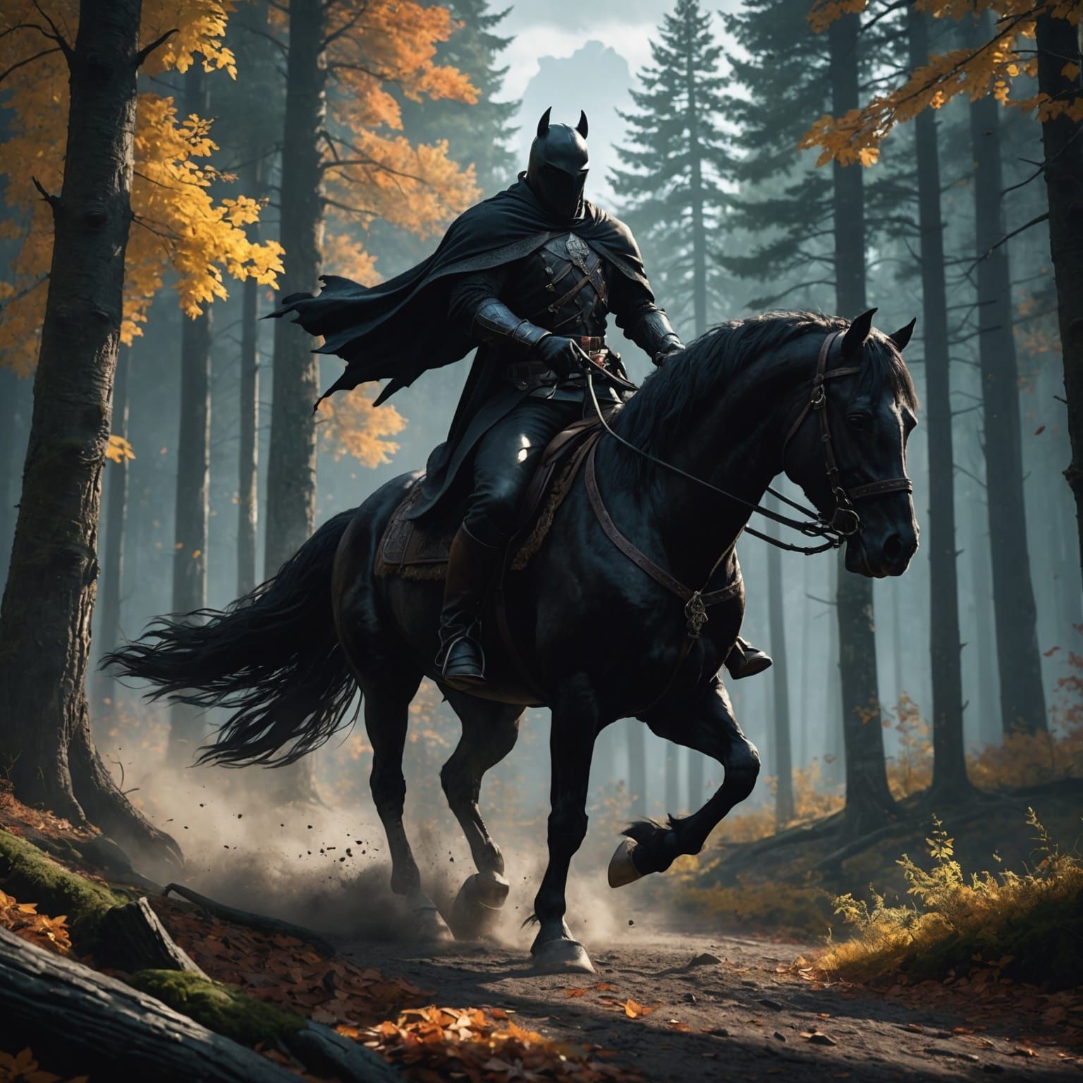 Headless Horseman Rides Through Forest Valley