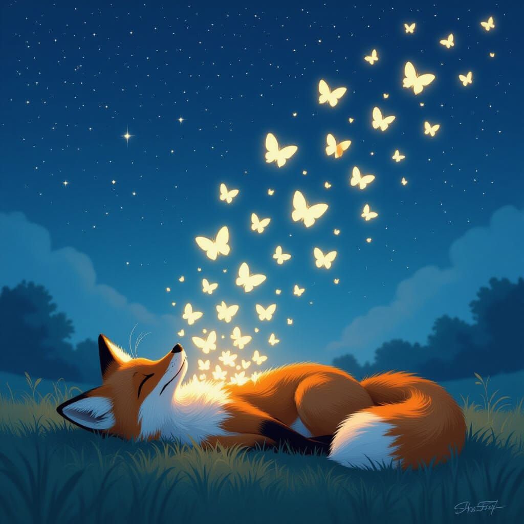 Fox Releasing Glowing Butterflies Under Starry Sky