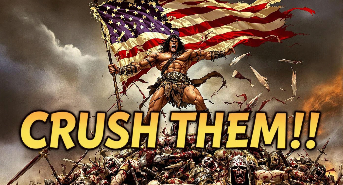 Conan's Triumphant Stand with American Flag