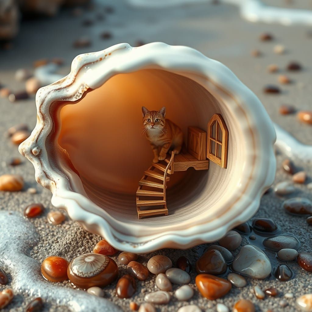 Vibrant Seashell with Whimsical Staircase and Feline Friend