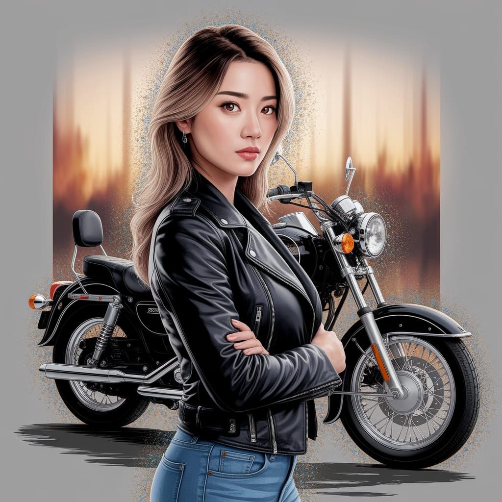 Chinese Woman Portrait with Motorcycle in Rutkowski Style