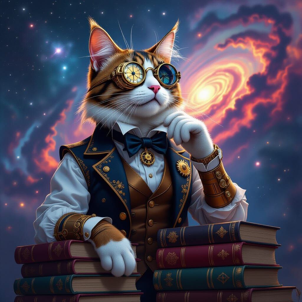 Steampunk Cat Contemplates Cosmos in Digital Art Style