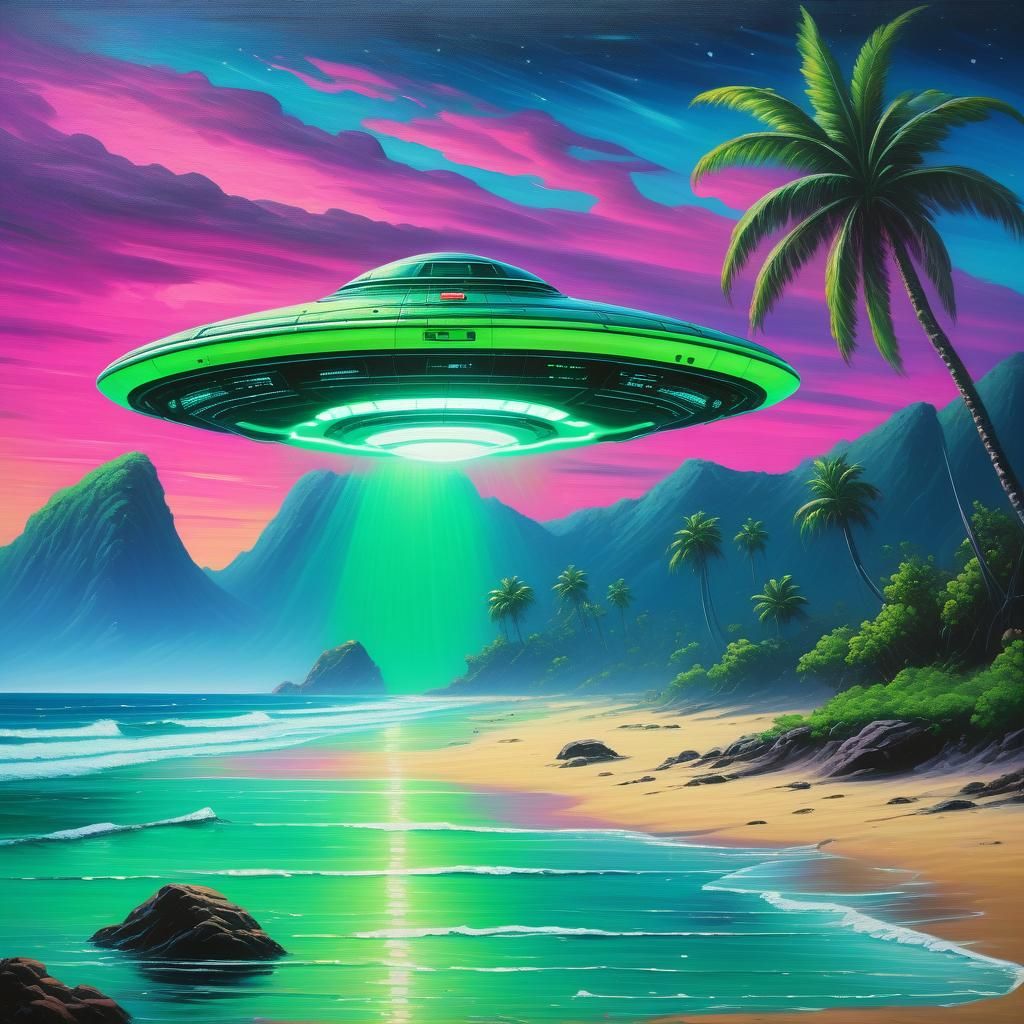 Synthwave UFO over Beach in Oil Painting