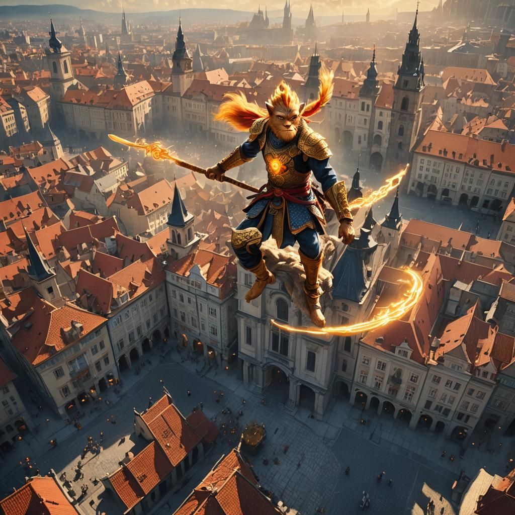 Sun Wukong Over Prague in Cinematic Fantasy Style