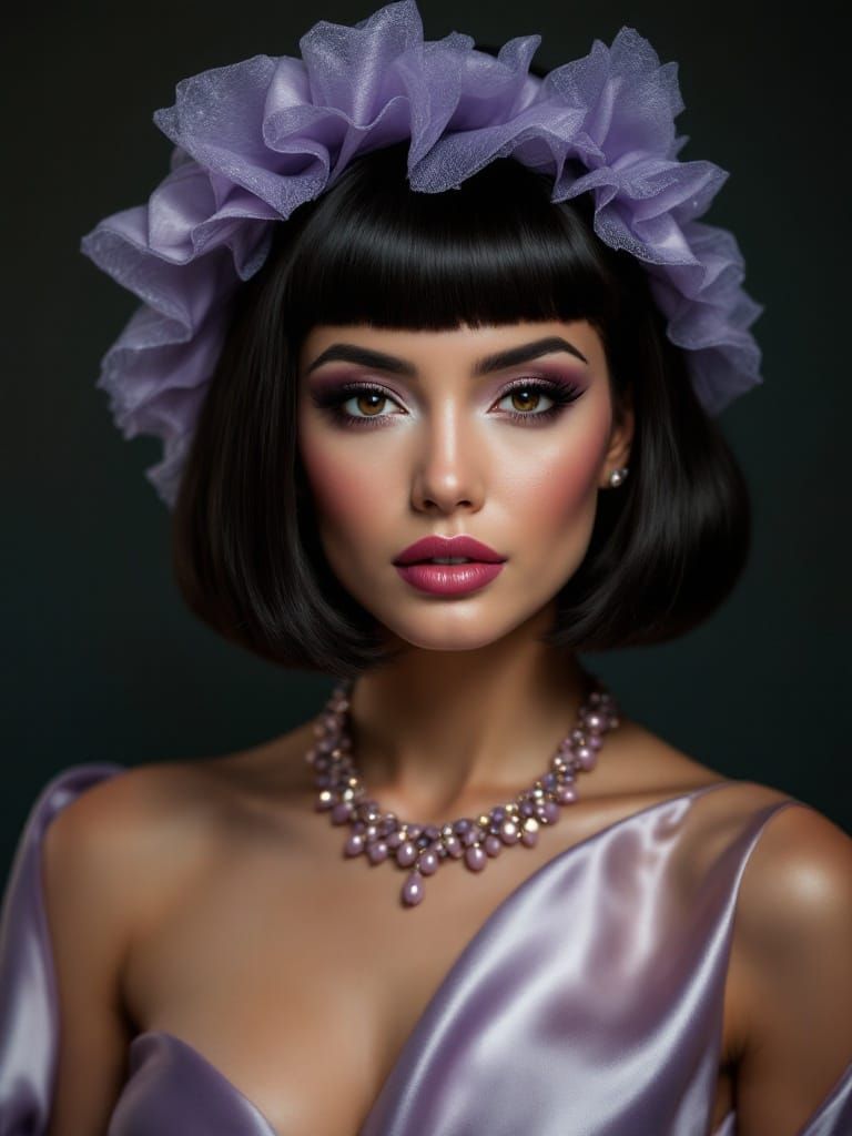 Woman in Lavender Hairpiece with Dark Hair Counterpart