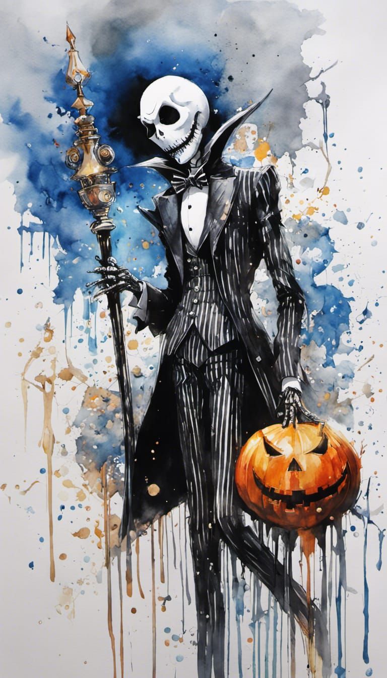Jack Skellington Celebrates Hanukkah: Anime Watercolor Portr...