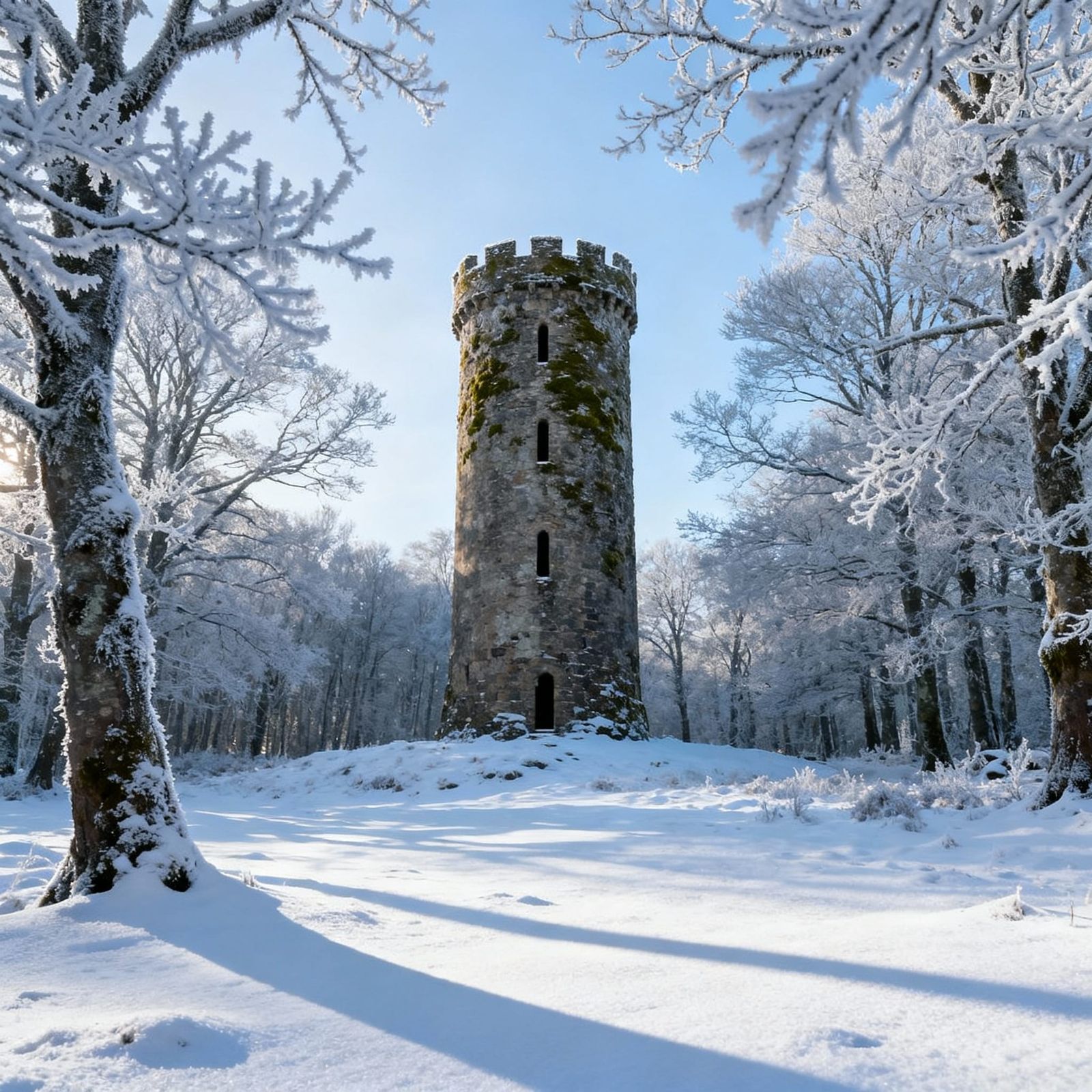 Scottish Borderlands Peel Tower in Snowy Woodland