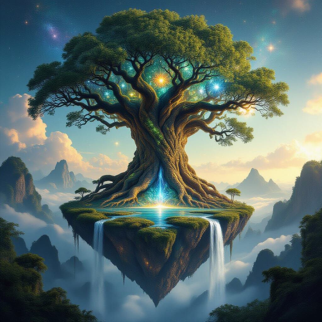 Cosmic Tree on Floating Island with Ethereal Temple