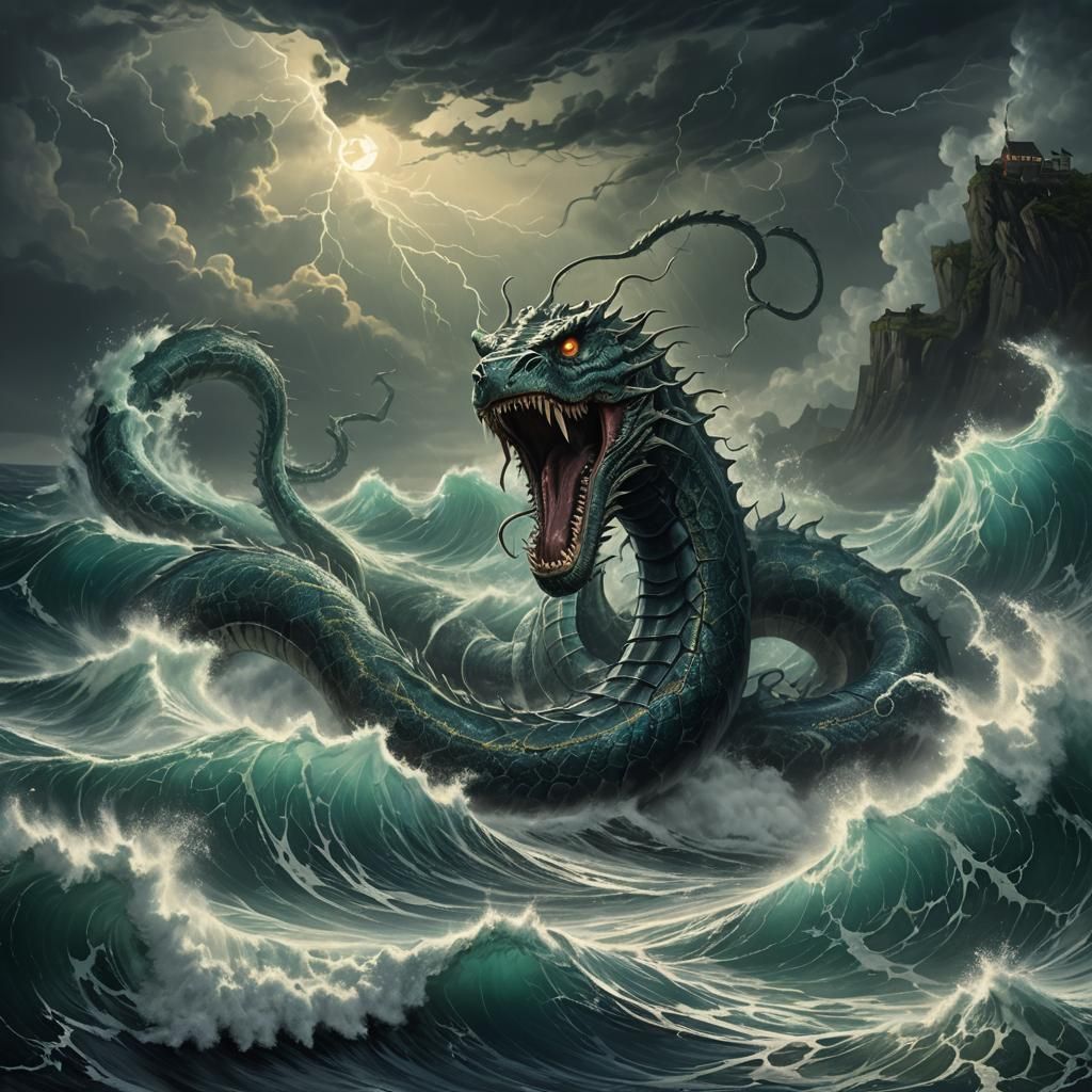 Bioluminescent Sea Serpent Emerges During Storm