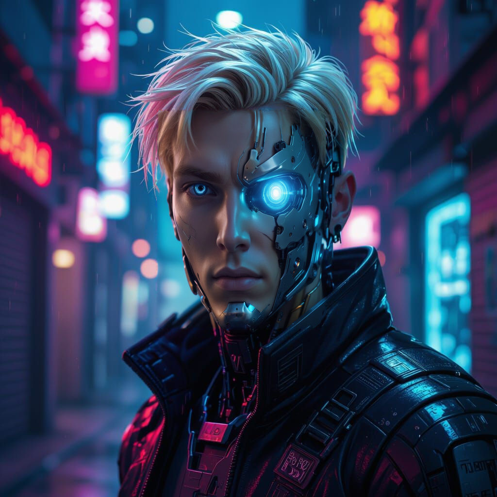 Cyborg Man in Neon Cyberpunk Alleyway