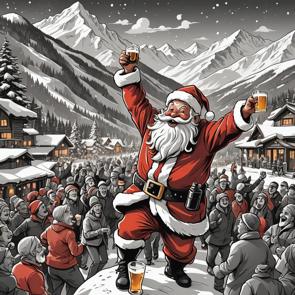 Santa at Après-Ski Party: Black and White Caricature