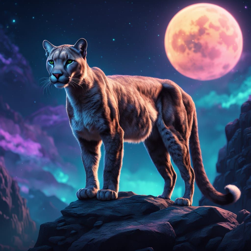 Puma Gazing at the Southern Cross Constellation Under Starry...