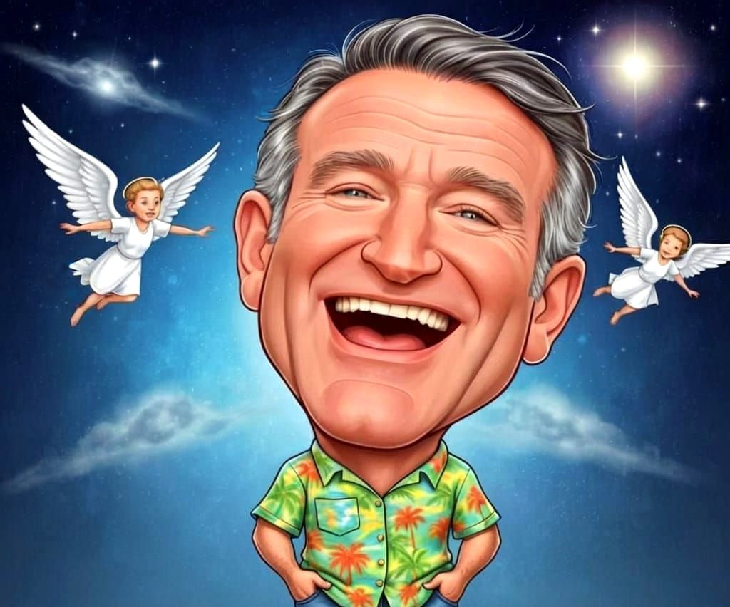 Whimsical Caricature of Robin Williams Laughing Uproariously
