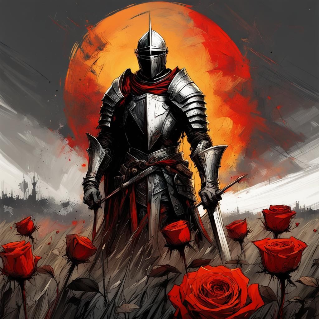Gothic Knight in Rose Field, Dark Fantasy Art