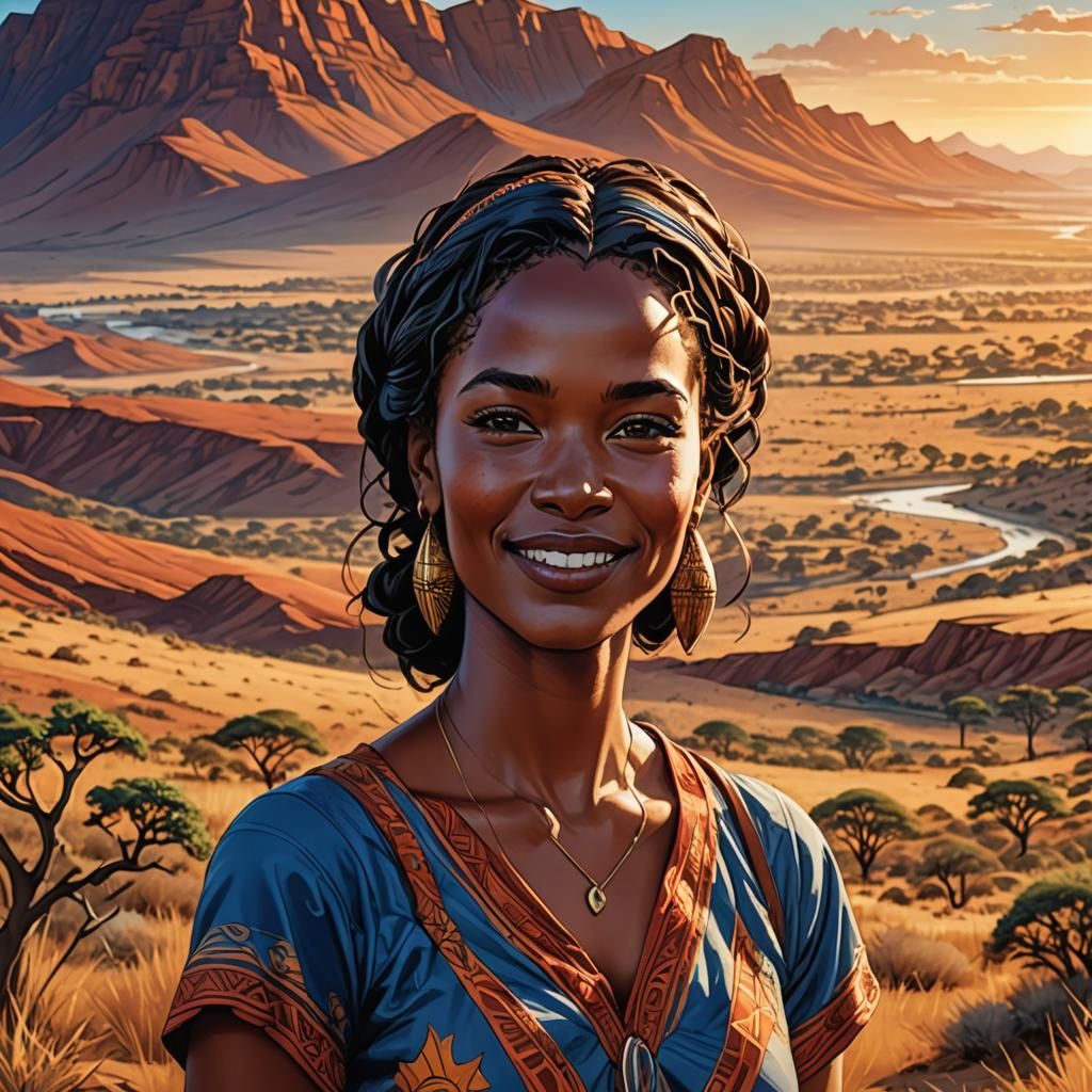 Nama Woman in Namibian Landscape, Comic Book Art
