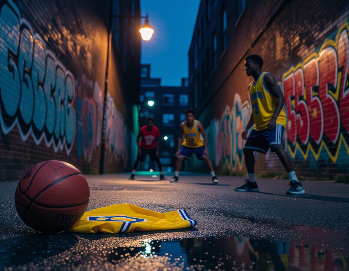 Dramatic Night Street Basketball in Urban Alley