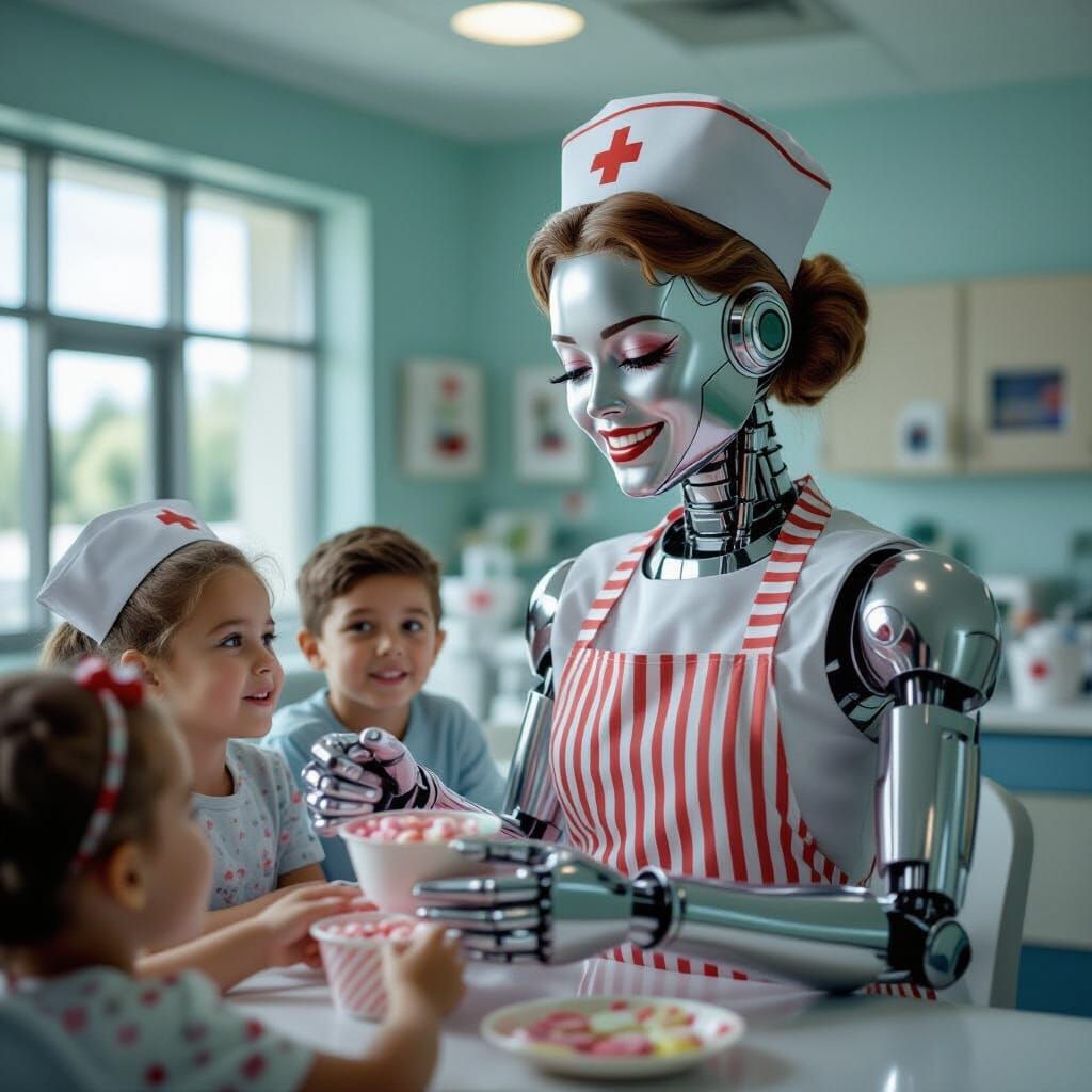 Metallic Nurse Fembot Giving Sweets at Children's Hospital