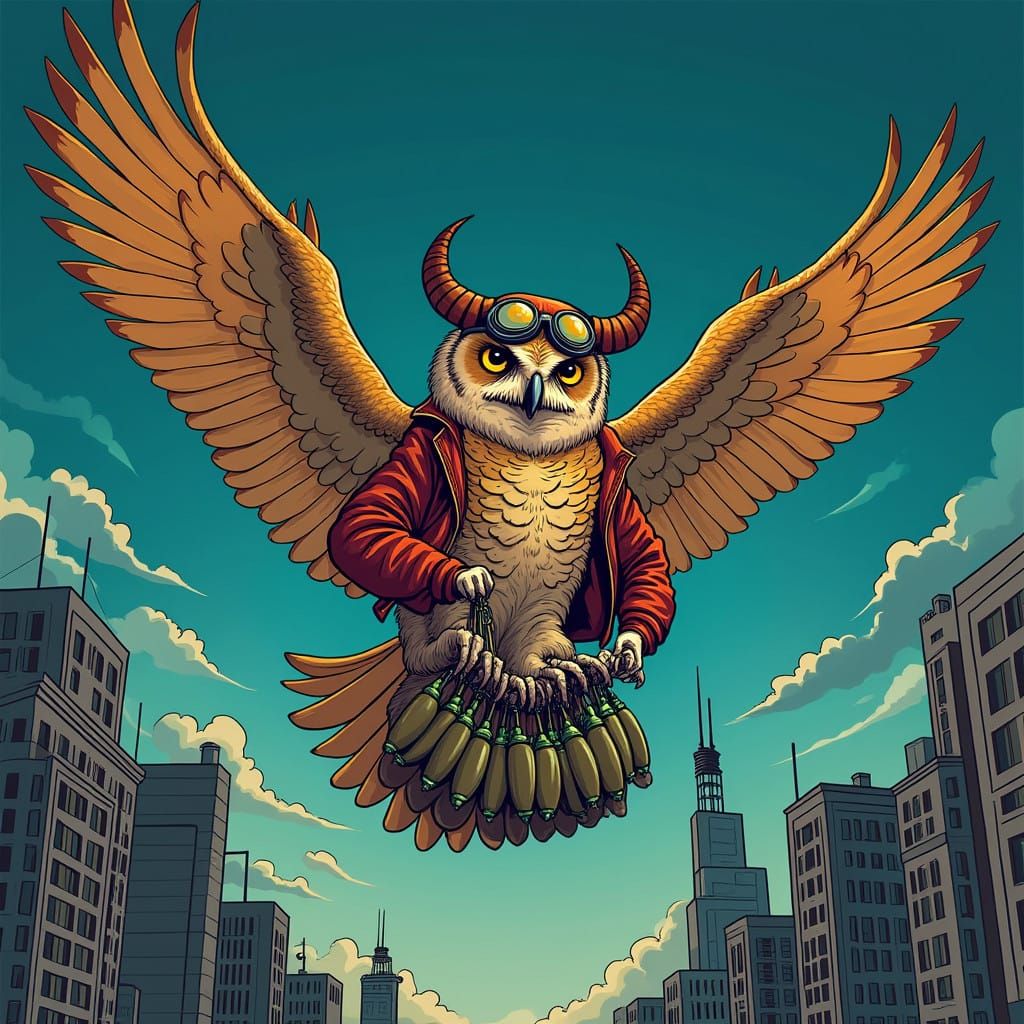 Midnight Aviator Owl Drops Bombs on City