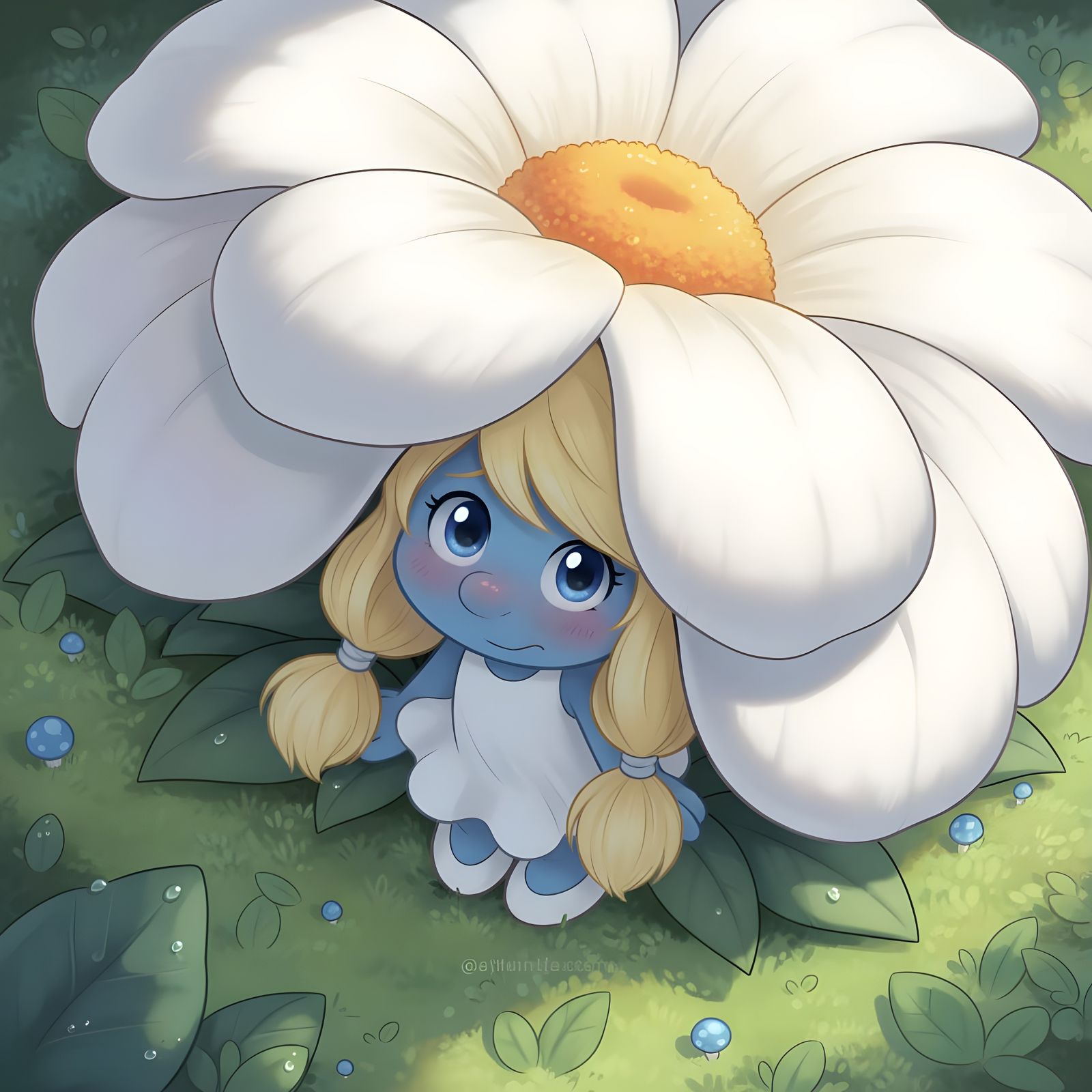 Smurfette Hiding Under Flower in Anime Style