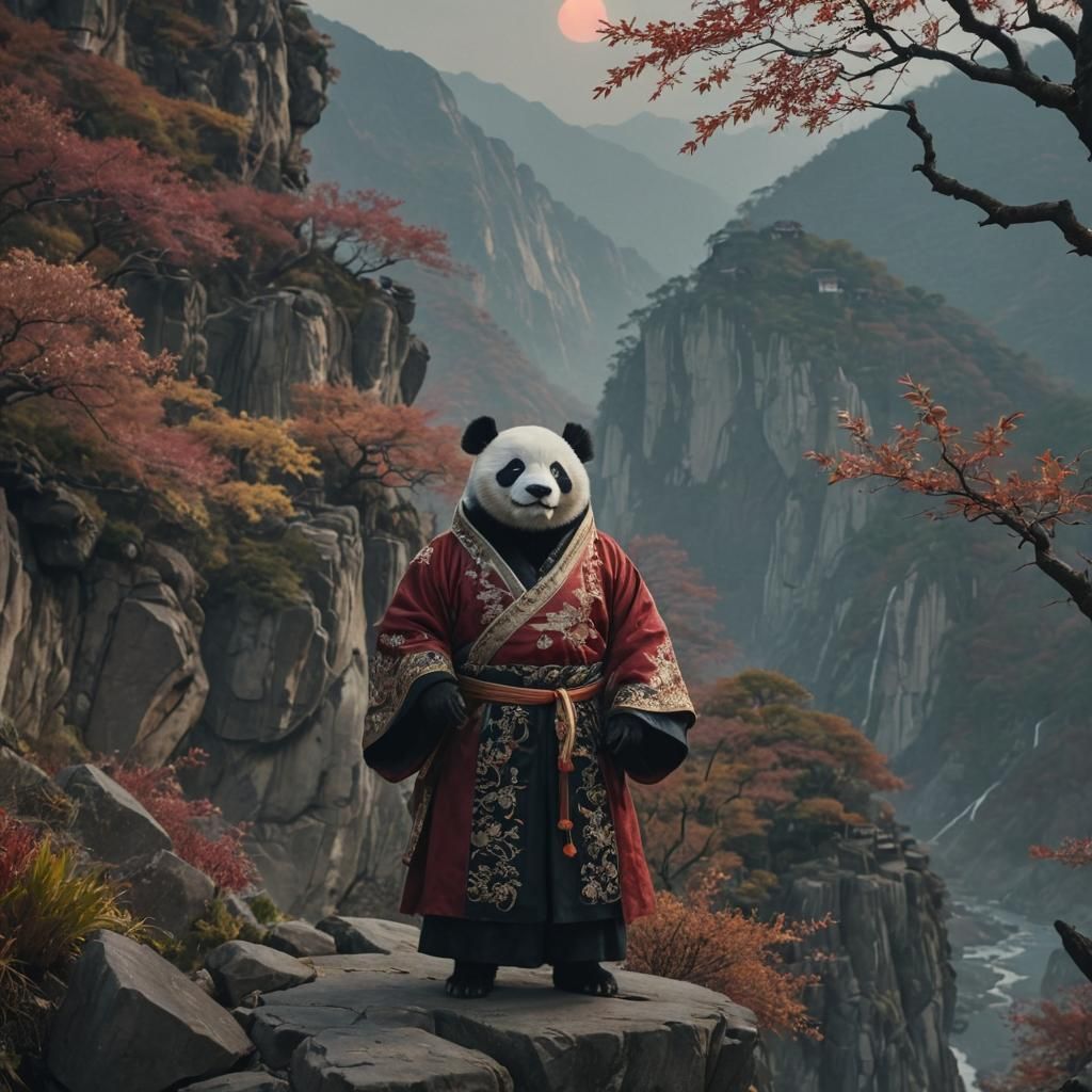 Panda King Overlooks Japanese Mountain Landscape