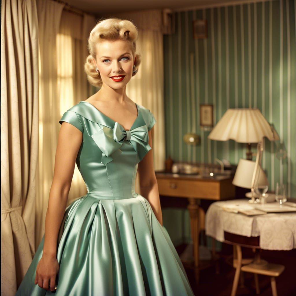 Blonde Woman in 1950s Dress, Romantic Photo